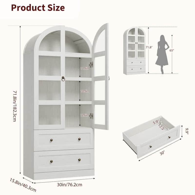 Kitchen Pantry Cabinet, 72" Tall Arched Kitchen Pantry Storage Cabinet, Wood Versatile Rustic Cupboard with Drawers