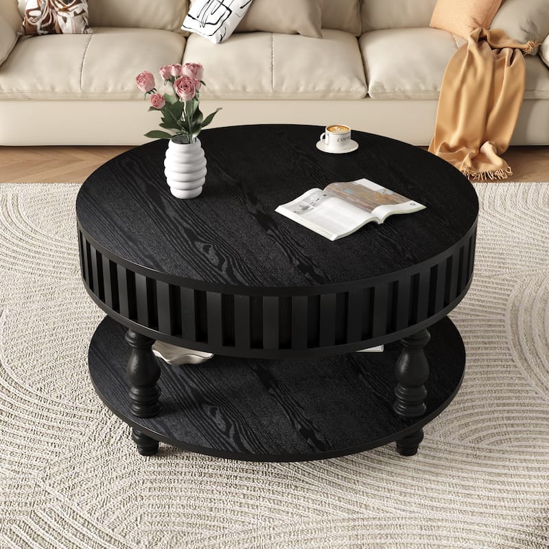Fluted Coffee Table Black End Table Side Table with Storage, Rustic Center Table Sofa Table with Flip-Top Lids