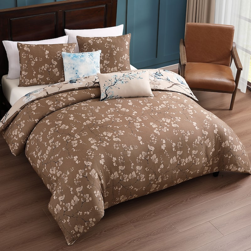 Bebejan Blue Blossom 100% Cotton Sateen 5 Piece Reversible Comforter Set