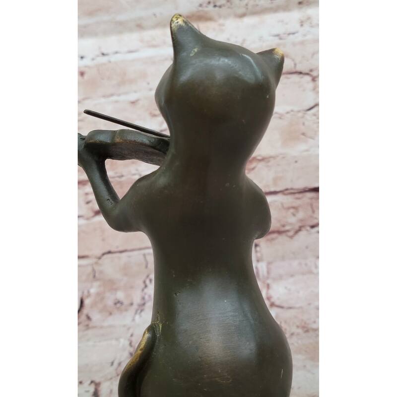 Bronze Cat Playing Violin – Musical Feline Statue On Marble