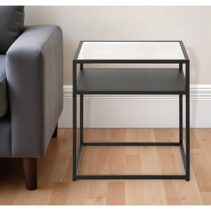 22" Black And Clear Glass And Steel Square End Table With Shelf - 20" x 20" x 22"