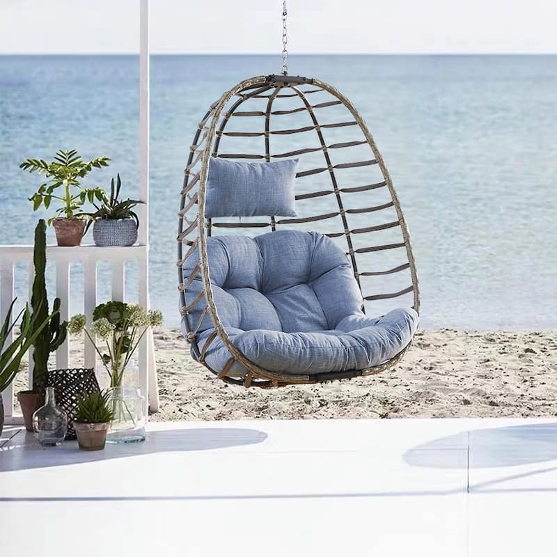 Pocassy Outdside Foldable Hanging Egg Chair - Blue - Grey Rattan Egg Chair
