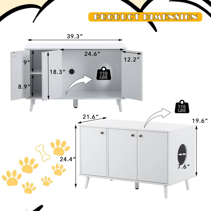 Cat Litter Box with Hidden Plug 3 Doors Bench Side Table Cat House