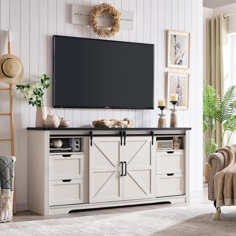 32" Tall Farmhouse TV Stand for 80" TV, Wood Entertainment Center