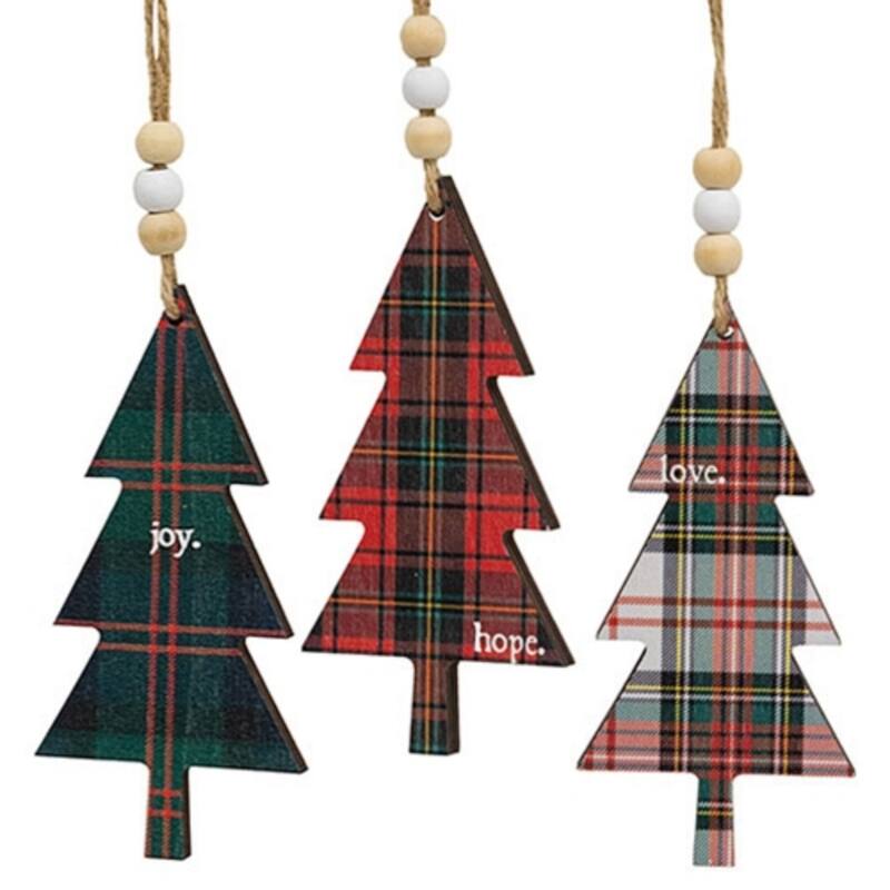 Wooden Plaid Christmas Tree Ornaments with Joy Hope Love Words and Jute Hangers 3 Asstd. - 4.75" H x 2.25" W x .25" D