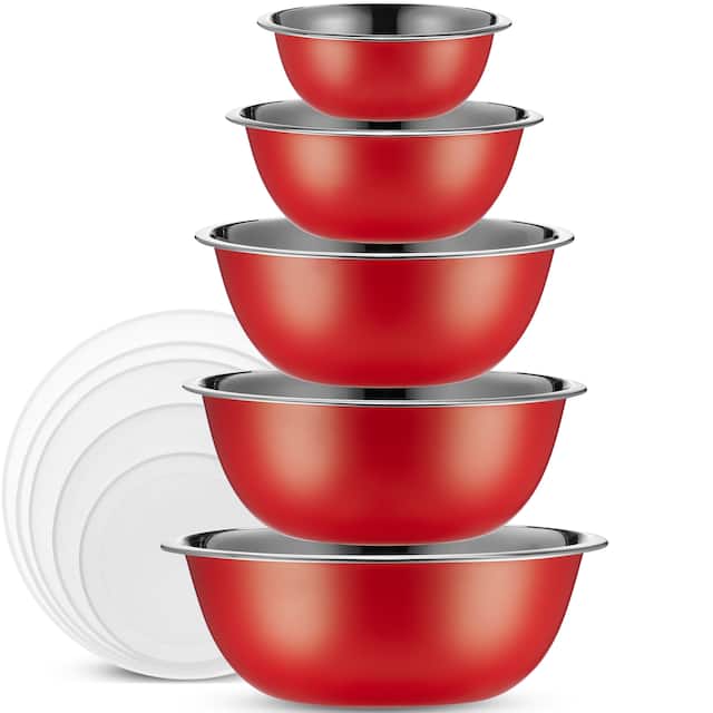 Heavy Duty Meal Prep Stainless Steel Mixing Bowls Set with Lids - Red