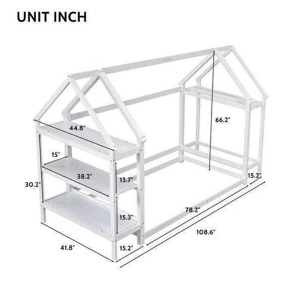 dimension image slide 0 of 2, Twin Size Wood House Bed with Storage Shelf & Hanger, Kids Bedroom Set