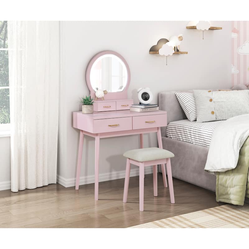Beautiful Pink Finish Vanity Dresser with Mirror and Stool Set Storage Drawers Bedroom Furniture 1pc