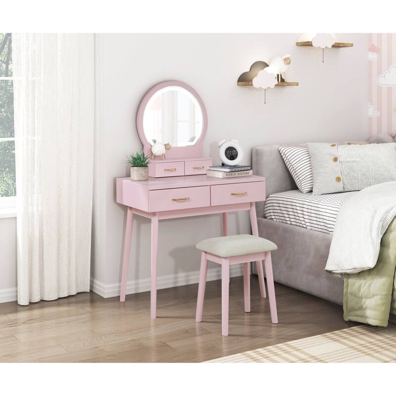 Beautiful Pink Finish Vanity Dresser with Mirror and Stool