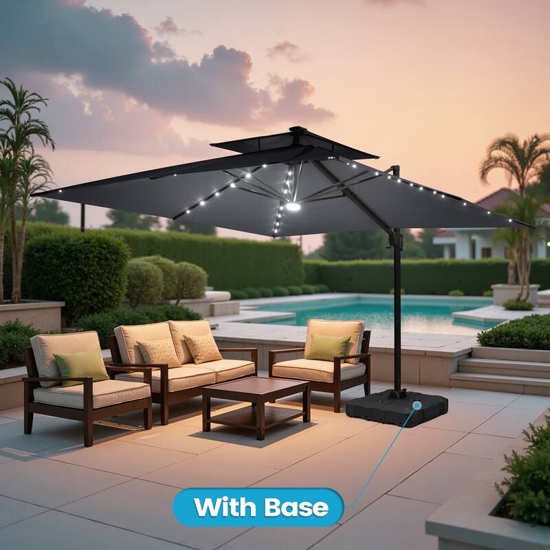 11 ft Outdoor Solar Powered LED Aluminum Patio Cantilever Umbrella with Weighted Base