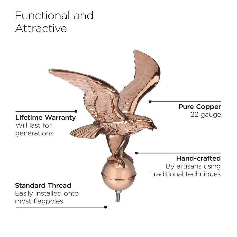 Pure Copper Eagle with Ball Flagpole Topper, 11" Wingspan