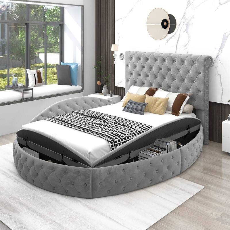 Full Size Upholstered Platform Bed, Round Shape Platform Bed with Sides and Footboard Storage,Gray