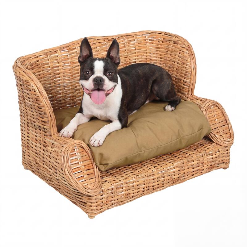 Classic Rattan Dog Daybed with Machine-Washable Cushion - Polyester - Light Brown