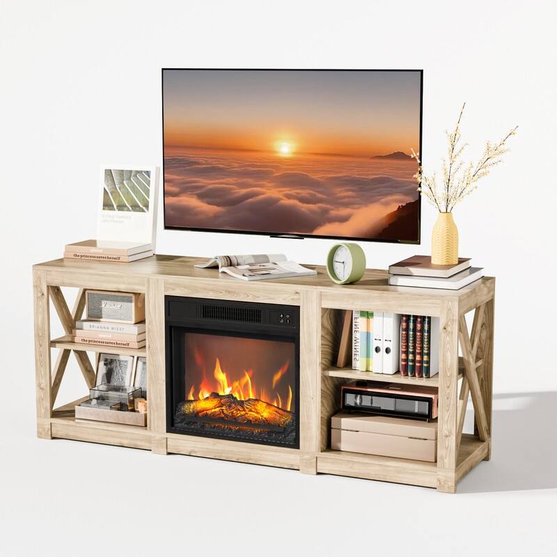 TV Stand with Optional Fireplace for TVs up to 70in Farmhouse Entertainment Center with Adjustable Shelves