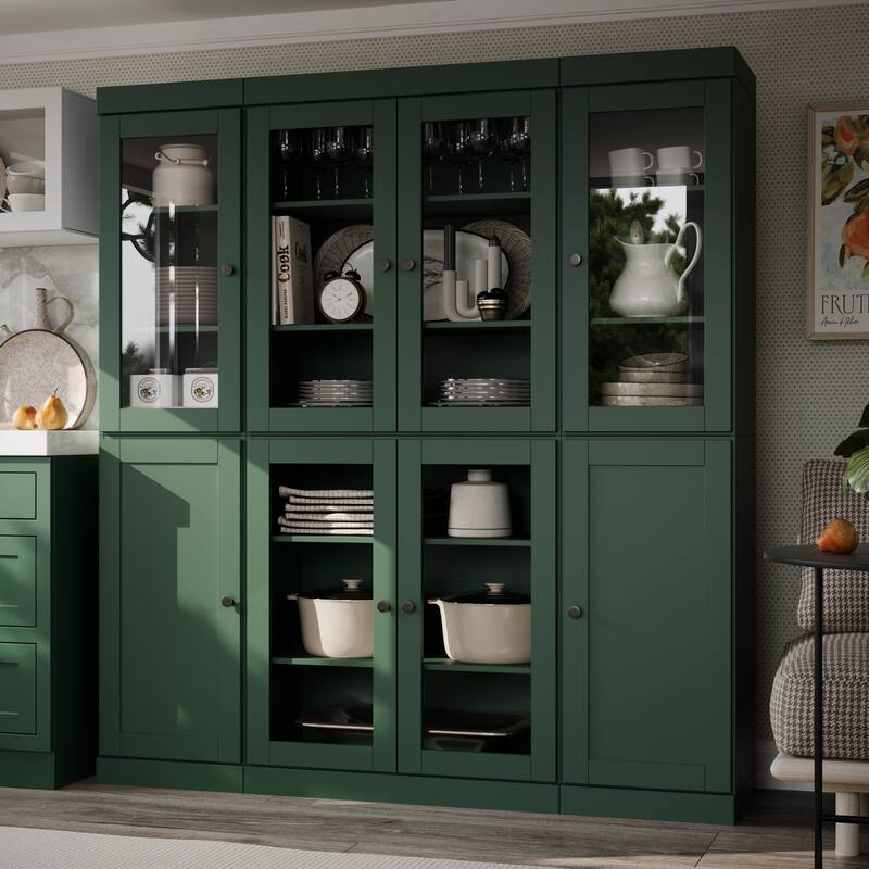 Palace Imports 100% Solid Wood 65" Pantry Cabinet with Clear Glass, Shaker Doors and Adjustable Shelves - Green