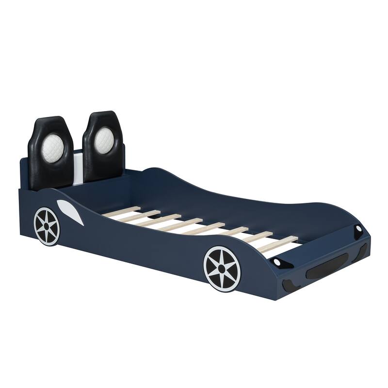 Wood Twin Size Race Car-Shaped Platform Bed With Led And Upholstered Backrest