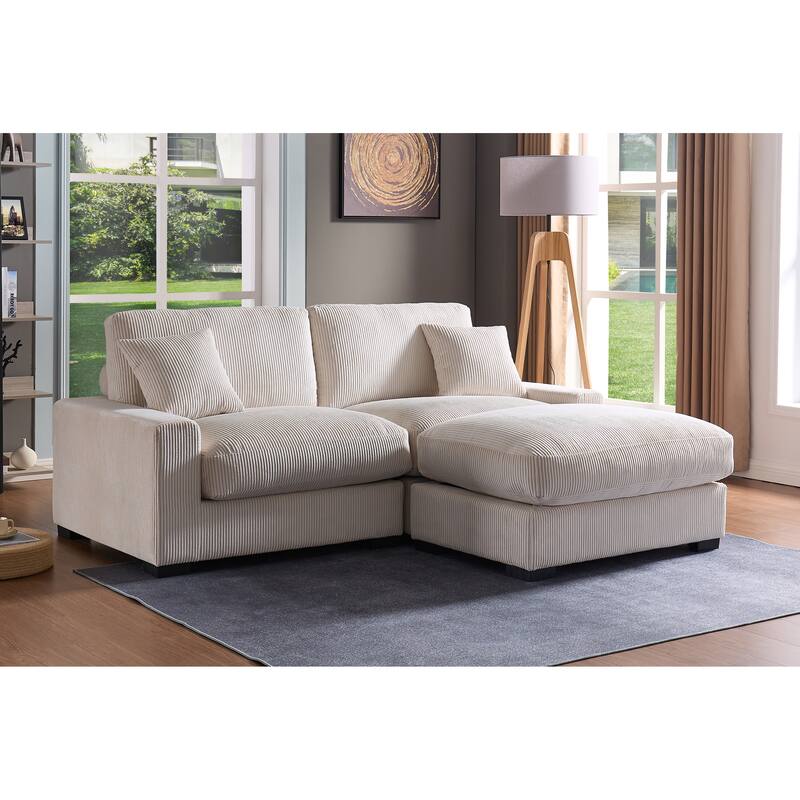 4 Seater Cream Corduroy Modular Sofa with 2 Ottomans and 2 Pillows