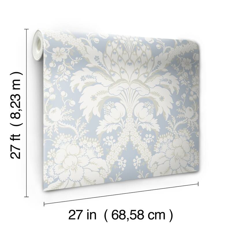 Forbach Blue Sure Strip Prepasted Damask French Artichoke Dam Wallpaper Covers about 60.75 sq. ft.