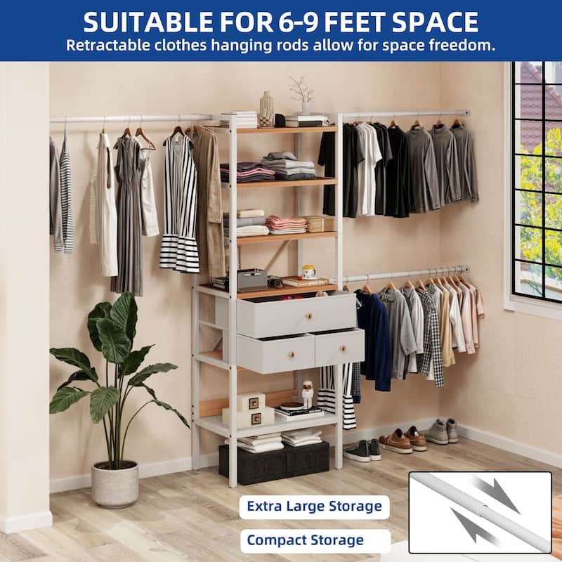 Moasis 70.8"-105"L Closet Storage Organizer with Shelves and 3 Expandable Hanger Rods