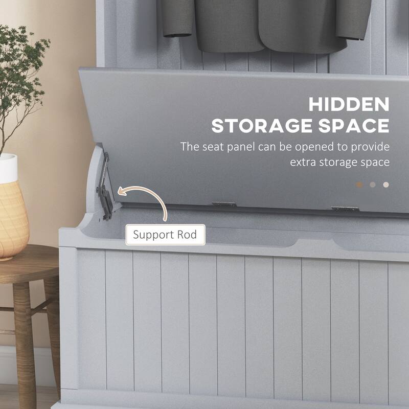 Grey MDF Entryway Shoe Bench with Steel Hooks and Storage Seat - 37.75" W x 13.5" D x 70.75" H