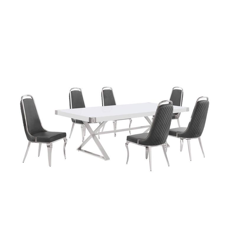 Best Quality Furniture D442/3-SC310-7 Dining Set with 94" White Lacquer Wood Top