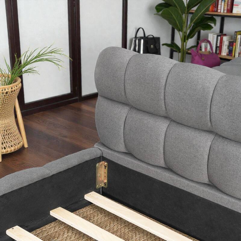King Size Upholstered Platform Bed with Thick Linen Fabric, Low Profile Grounded Bed Frame, Solid Support