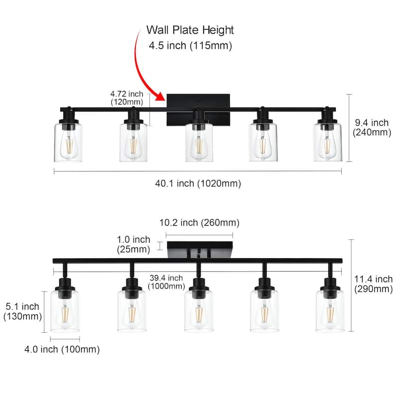 5-Light Track Lighting Kit Bathroom Light Fixtures Matte Black Ceiling Spotlight Fixture, Clear Glass Shade