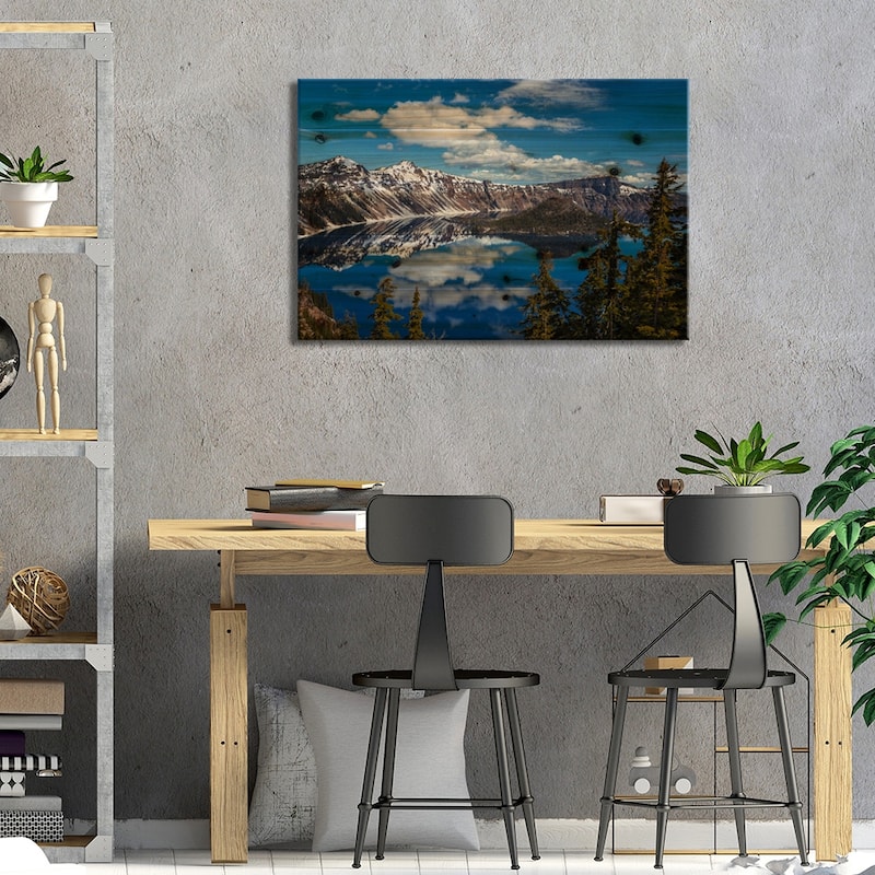 Crater Lake Print On Wood by Sergio Lanza - Multi-Color