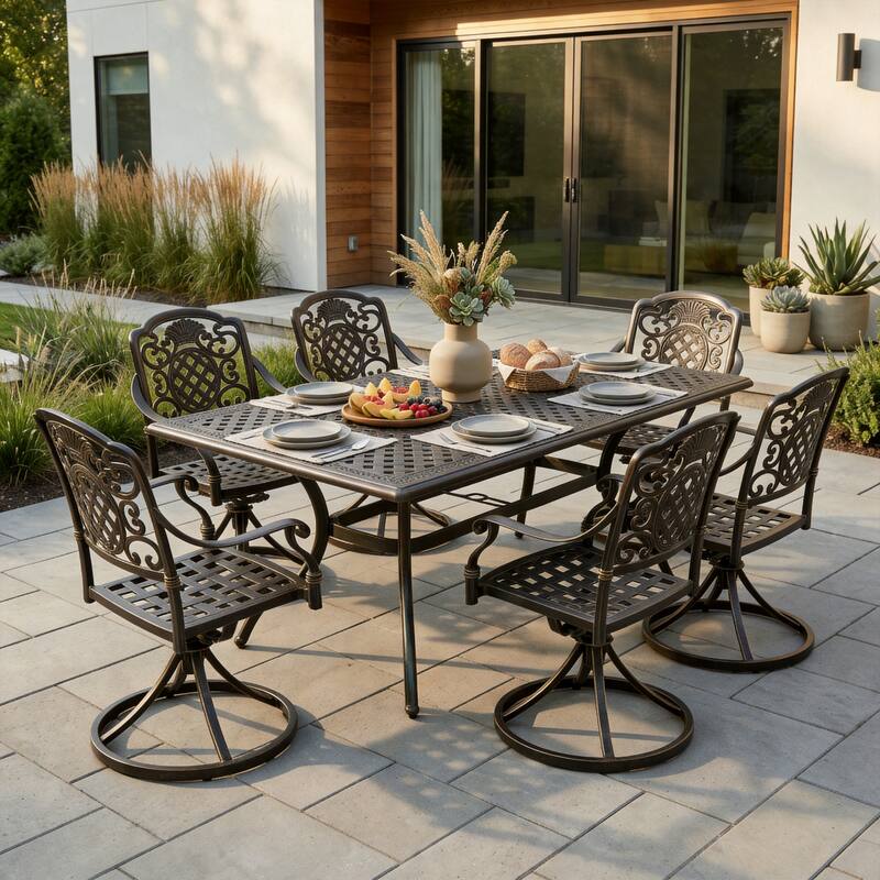 Christopher Knight Home - Abigail 7-Piece Outdoor Cast Aluminum Dining Set with Expandable Table and Swivel Chairs