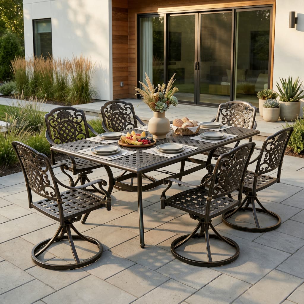 Christopher Knight Home - Abigail 7-Piece Outdoor Cast Aluminum Dining Set with Expandable Table and Swivel Chairs