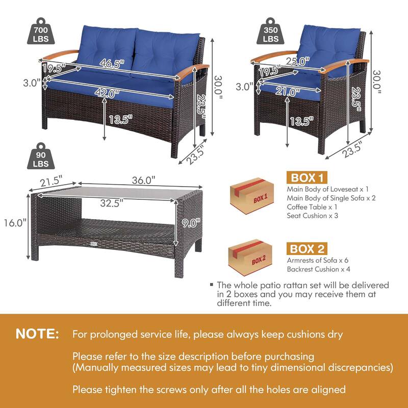 Costway 4PCS Patio Rattan Furniture Set Cushioned Sofa Storage Table