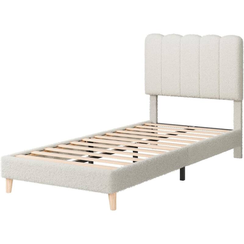 Twin Upholstered Platform Bed Frame with Wave Headboard, Wood Slats, No Box Spring Needed, for Kids or Teens