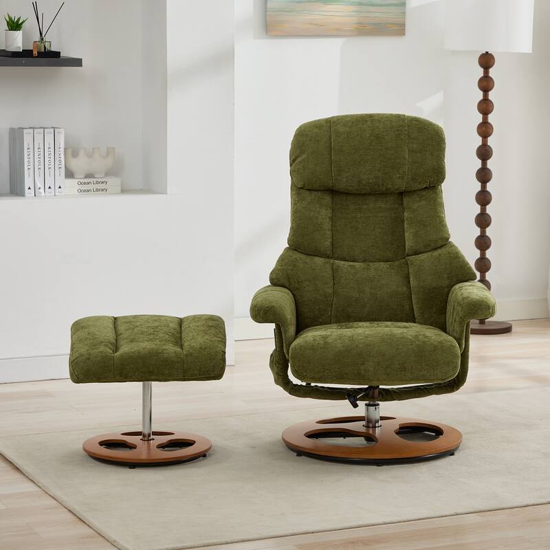 Recliner Chair with Ottoman, Modern 360° Swivel Lounge Chair with Footstool, Chenille Fabric, 5 Point Vibration Massage