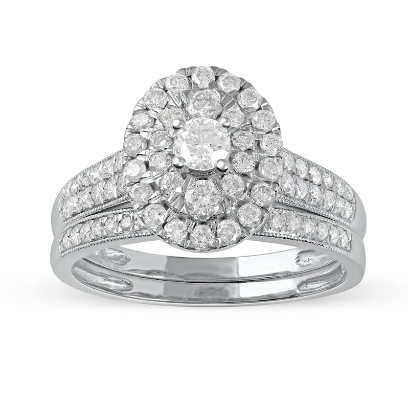 IGI Certified 1ct TDW Diamond Oval Frame Halo Bridal Set in 14K Gold for Women