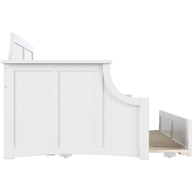 Twin Daybed with Trundle - Mid-Century Wood Daybed - White Finish -