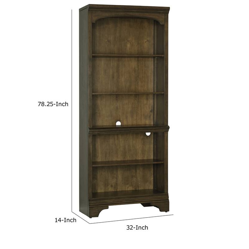 Tia 78 Inch 5 Tier Rubberwood Bookcase, 3 Adjustable Shelves, Oak Brown