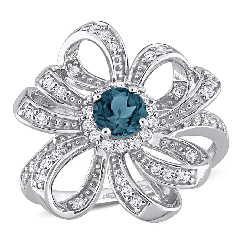 Miadora London Blue Topaz and White Topaz Floral Cluster Ring in Sterling Silver