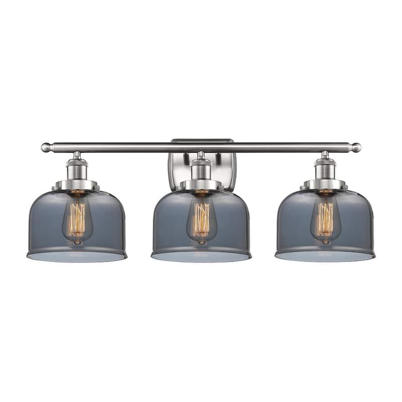 Innovations Lighting Large Bell 3 Light 26" Wide Vanity Light - Brushed Satin Nickel / Plated Smoke