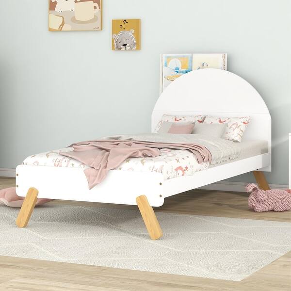 slide 2 of 9, Cute Curved Headboard Wooden Platform Bed with Hidden Shelf White