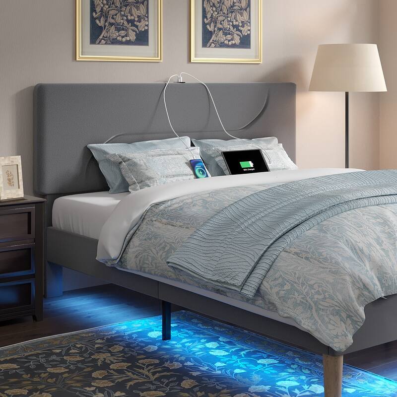 Javlergo Bed Frame with Smart LED Lights, Velvet Bed Frames with USB Charging Station, Modern Platform Bed
