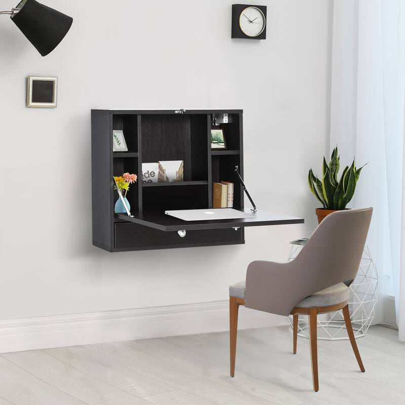 Black Particleboard MDF Wall-Mounted Foldable Desk with Drawer and Grids - Black