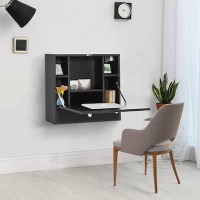 Black Particleboard MDF Wall-Mounted Foldable Desk with Drawer and Grids