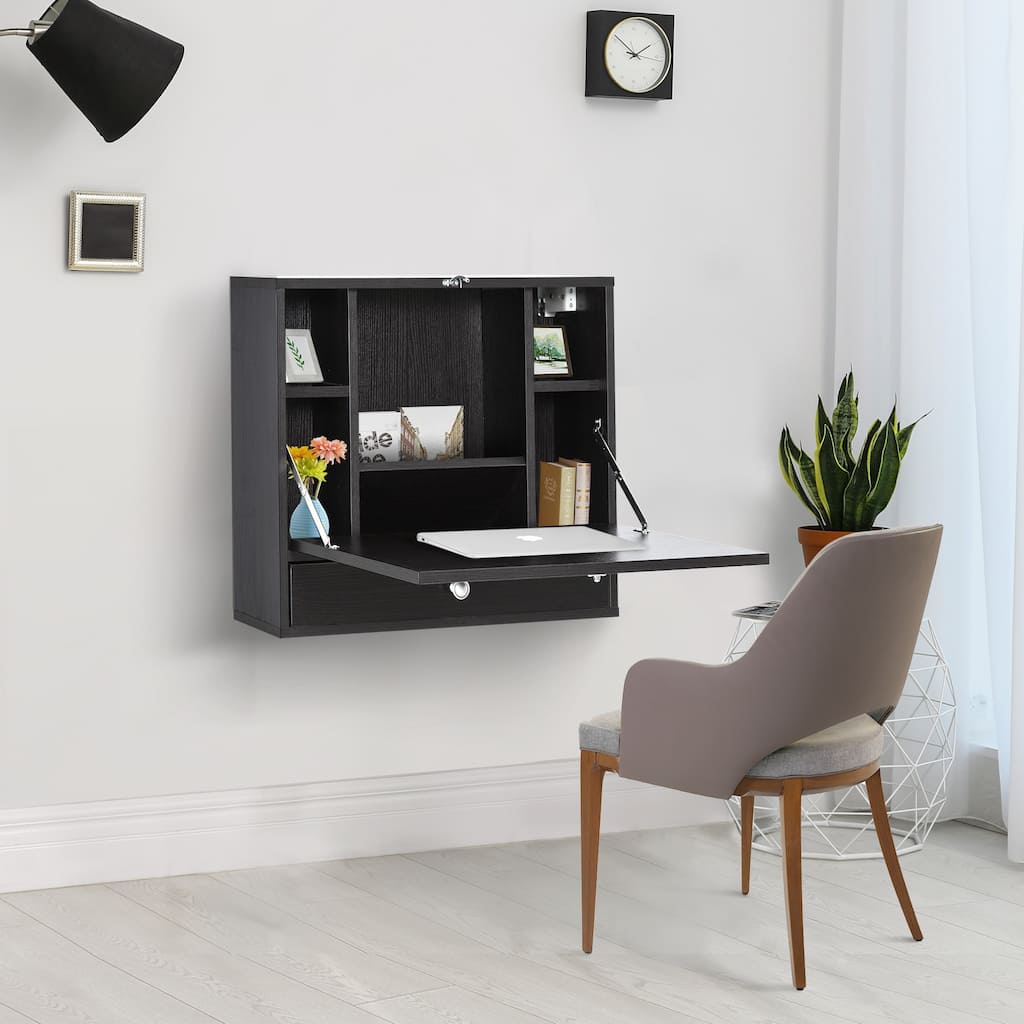 Black Particleboard MDF Wall-Mounted Foldable Desk with Drawer and Grids