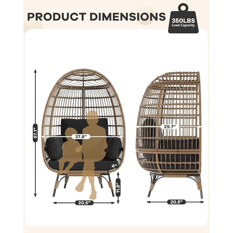Oversize Wicker Egg Chair Outdoor with Steel Frame, Egg Basket Lounge Chair with 4 Cushions