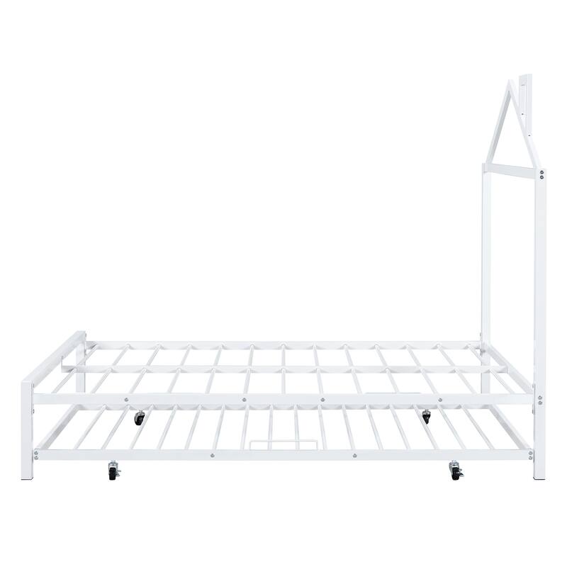 Metal Platform Bed with Twin Size Trundle,House-Shaped Headboard