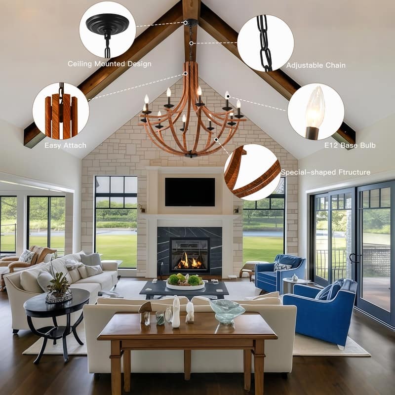 Vintage Farmhouse Chandelier Candle Style Wooden Chandelier Pendant Light Adjustable Height Rustic Hanging Light 