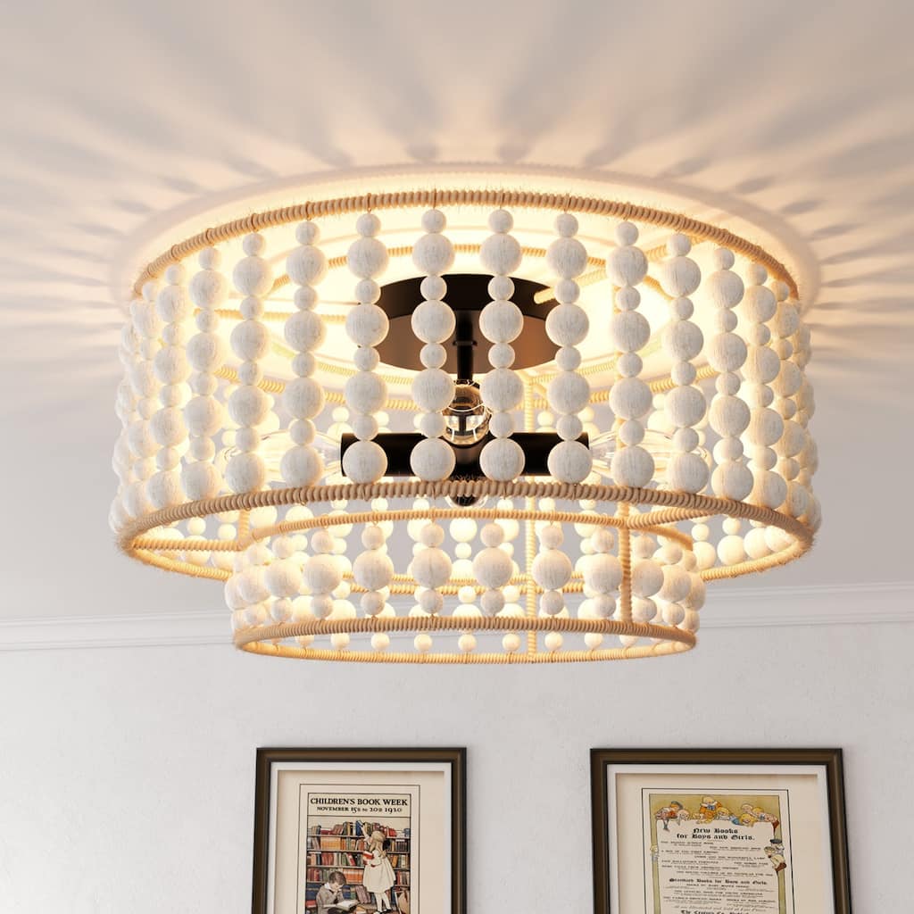 Keronue 3-light Farmhouse Wood Beaded Flush Mount Ceiling Lights