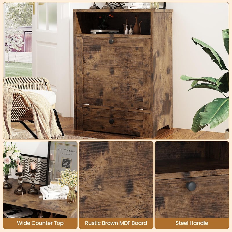 Mieres Rustic Brown Wooden Furniture Style Pet Feeder Station, Dog Food Station Organizer with Bins and Drawers - N/A