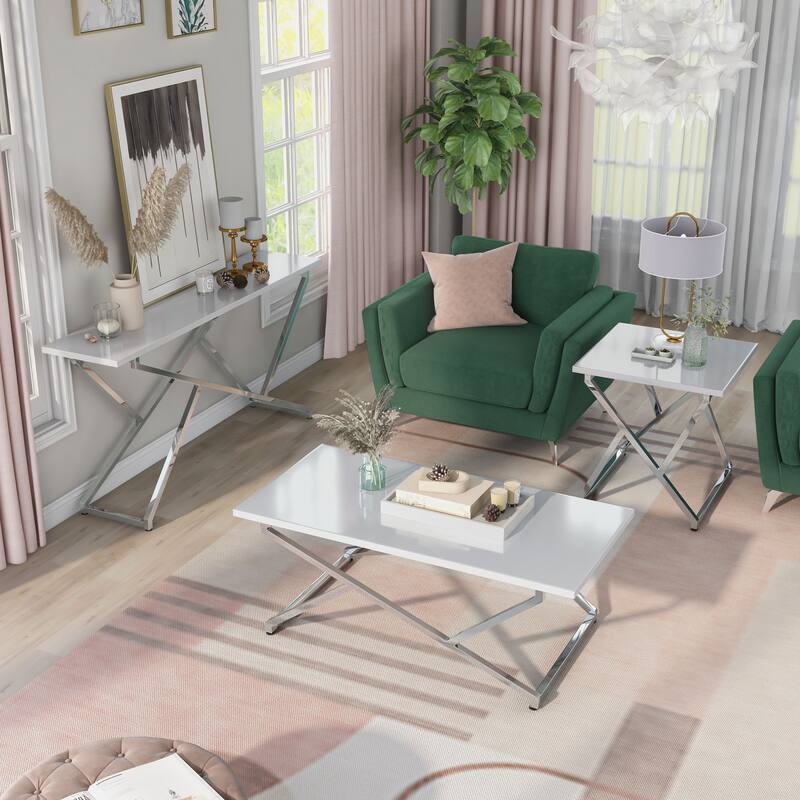 Cano Glam White Steel 3-Piece Living Room Table Set by Furniture of America