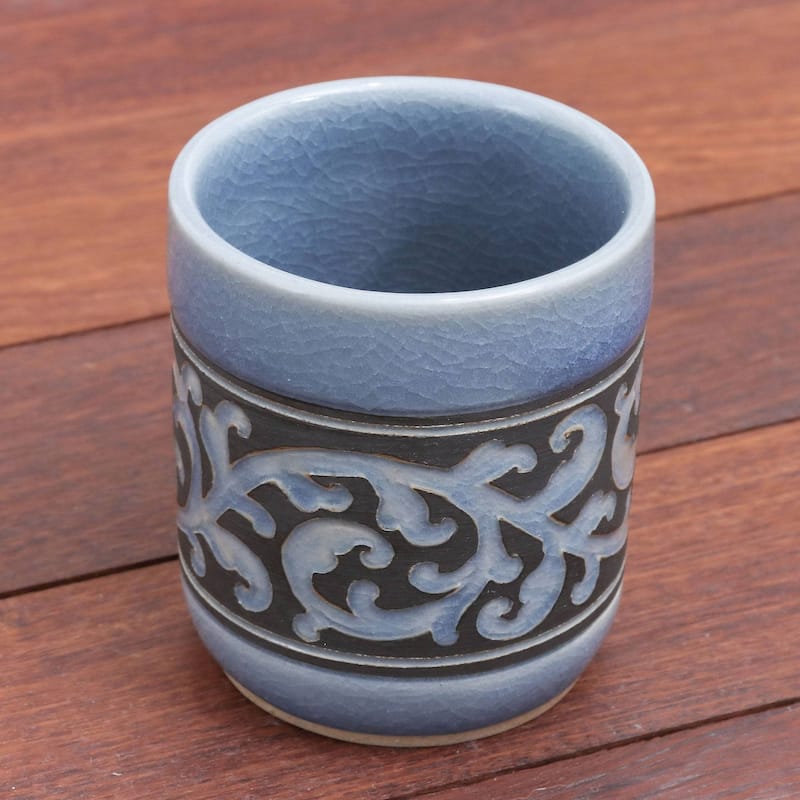 Handmade Blue Kanok Celadon ceramic teacup (Thailand)